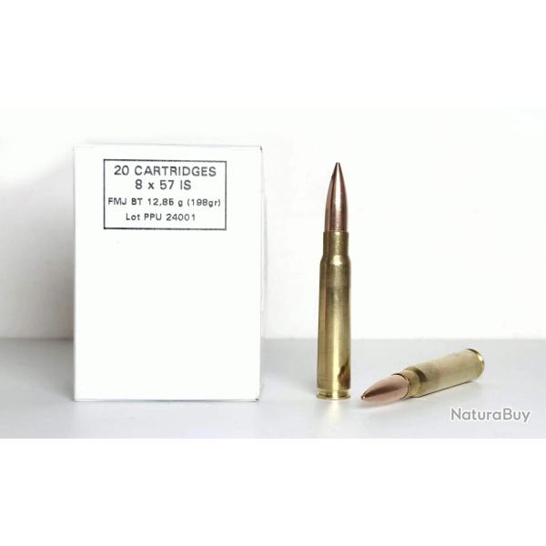 CARTOUCHE PPU 8x57 IS FMJ BT 12.85 g (198 gr) par 20 boite blanche