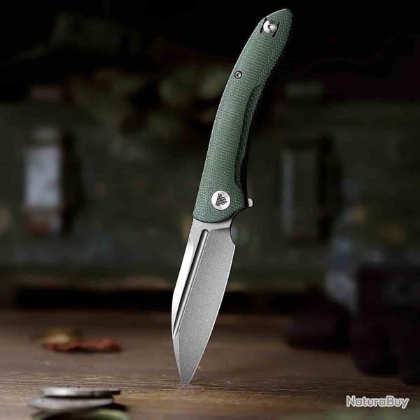 Couteau Pliant Trivisa Cuckoo Lame Acier 14C28N SW Manche Micarta Green Canvas Linerlock TVTY30GM14