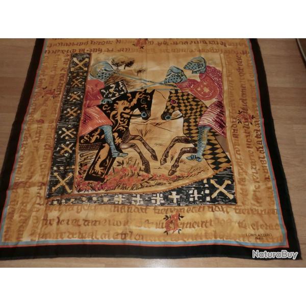 carr� foulard vintage 100% soie loris azzaro  cavalier tournoi  90 X 88 cm
