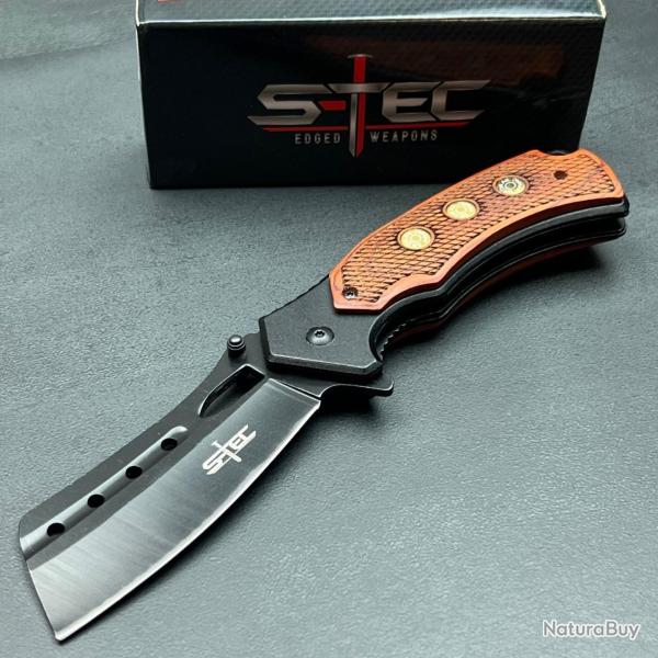 Couteau S-TEC Cleaver Semi-Automatique Lame Acier Inoxydable Manche en Bois S�curit� Liner Lock