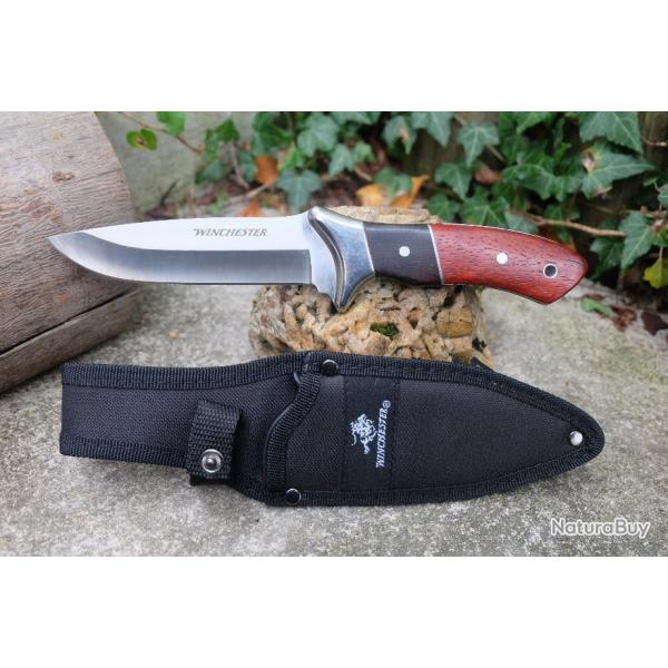 Couteau de Chasse Bushcraft Winchester Lame Acier 420 Manche Bois Etui Nylon
