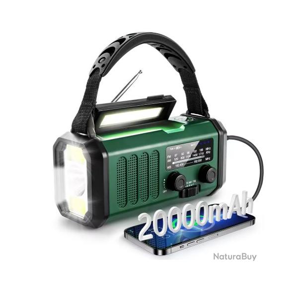 Radio d'Urgence Solaire + Powerbank 20 000 mAh-NOAA/AM/FM-Dynamo Manivelle-Boussole-SOS - Lampe