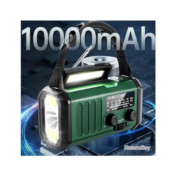 Radio d'Urgence Solaire + Powerbank 10 000 mAh-NOAA/AM/FM-Dynamo Manivelle-Boussole-SOS - Lampe