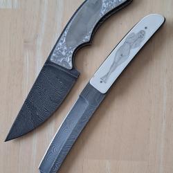 Paire de couteaux d'art par Ron Jr Scrimshaw / Ron Luebke Jr / Engraving