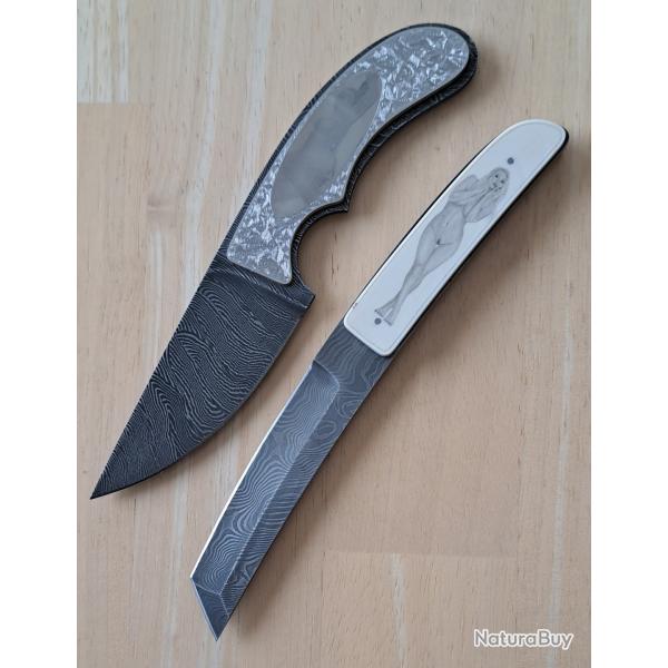 Paire de couteaux d'art par Ron Jr Scrimshaw / Ron Luebke Jr / Engraving