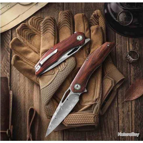 Couteau Pliant Trivisa Taurus Lame Acier Damas Manche Bois de Rose Liner Lock TVSY04RWD