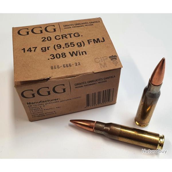 GGG - Lot de 17 Boites de Cartouches .308 WIN (7.62X51) FMJ 147GR (boite de 20)