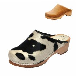 Sabots femme et sabots homme su&eacute;dois bois peau de vache vache noir blanc noireaude