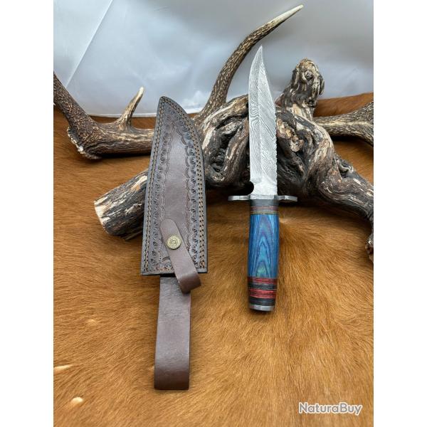 Couteau Bowie lame acier damas 256 couches manche en Bois de rose ref NBC20