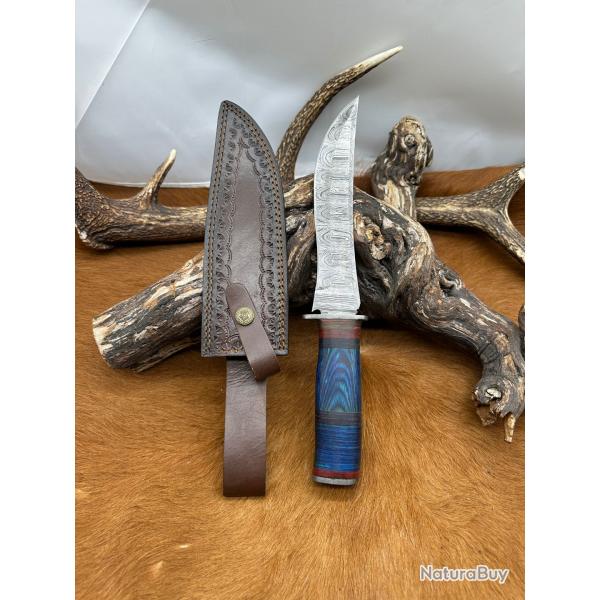 Couteau Bowie lame acier damas 256 couches manche en Bois de rose ref NBC21