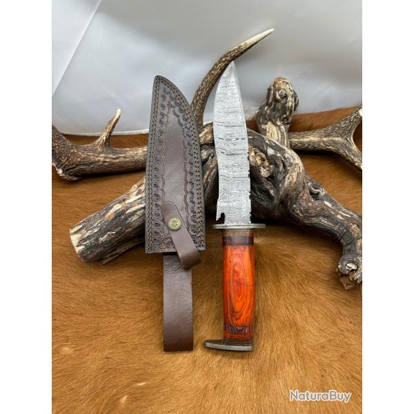 Couteau Bowie lame acier damas 256 couches manche en Bois de rose ref NBC22