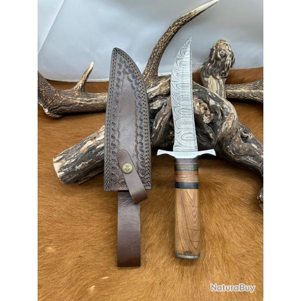 Couteau Bowie lame acier damas 256 couches manche en Bois ref NBC23