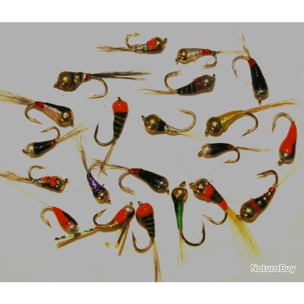 LOT DE 20 NYMPHES  CASQUEES TUNGSTENE PERDIGONES SUR HAMECONS 14, 16, 18 AVEC ARDILLON