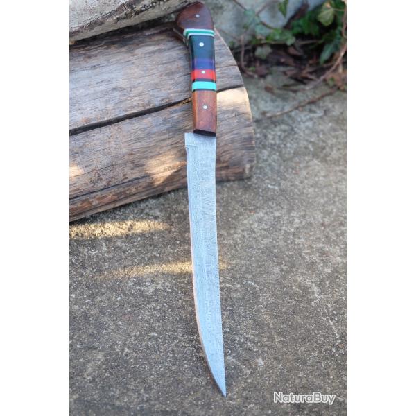 Couteau De Cuisine D'Office Lame Acier Damas 256 Couches Manche Bois/R�sine Fabric Artisanale01