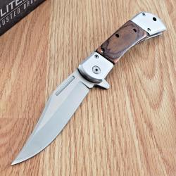 Couteau Semi Automatique ElitEdge Lame Bowie Acier 420C Satin Manche Bois Brun Linerlock Clip