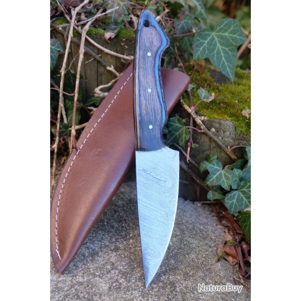 Skinner Couteau de Rando Cuisine Damas Lame 256 Couches Manche Bois Fab Artisanale Etui SimiliCuir