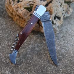 Couteau Damas Lame 128 Couches Fa&ccedil;on Laguiole Abeille Manche Rosewood Tire Bouchons Fabr Artisanale