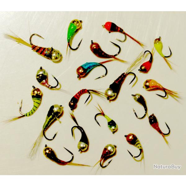LOT DE 20 NYMPHES CASQUEES TUNGSTENE PERDIGONES SUR HAMECONS 12, 14, 16 SANS ARDILLON