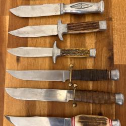 Lot couteaux vintage Europe - France / Espagne / manches cuir / aluminium / scouts