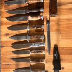 Lot 11 couteaux vintage Europe - France / Espagne / manches cuir / aluminium / scouts