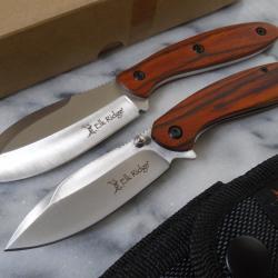 Set de 2 Couteaux Elk Ridge Hunting 1 Fixe + 1 Pliant Lame Acier Inoxydable Manche Bois Etui Nylon