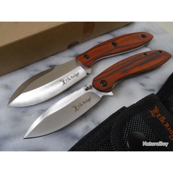 Set de 2 Couteaux Elk Ridge Hunting 1 Fixe + 1 Pliant Lame Acier Inoxydable Manche Bois Etui Nylon