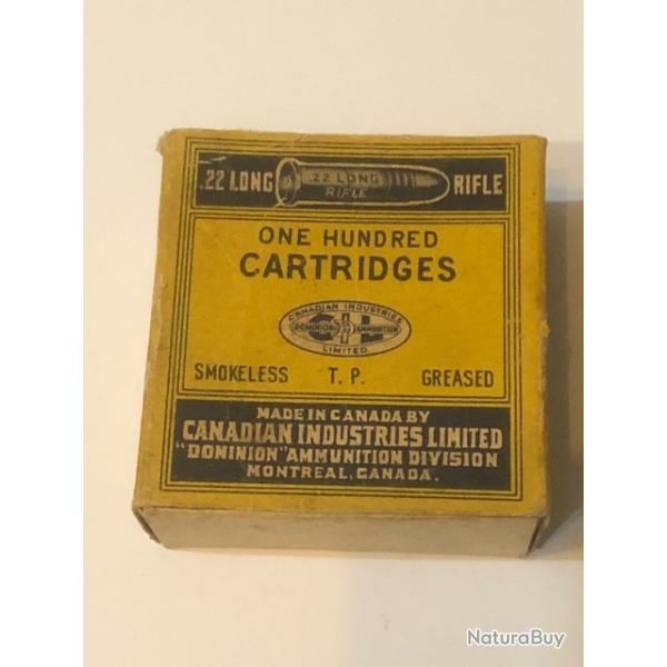 Rare ancienne Boite canadienne de 100 Cartouches 22 Long Rifle DOMINION - Non ouverte