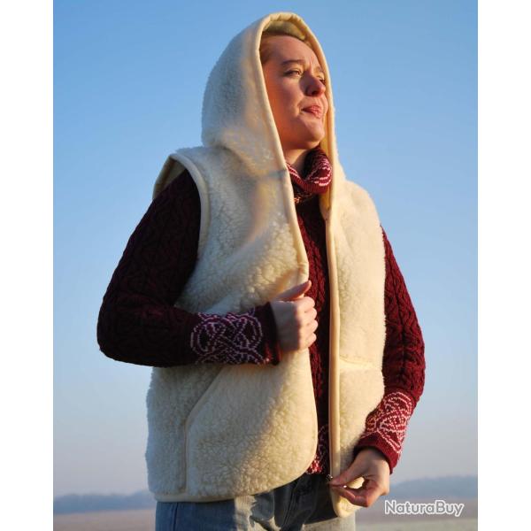 Gilet sweat pure laine m�rinos capuche homme et femme blanc �cru S (small)