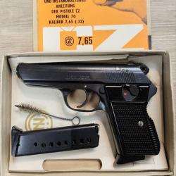 Pistolet CZ VZOR 70 - Calibre 7,65 Browning - Boite origine, 2 chargeurs (Occasion proche du neuf)