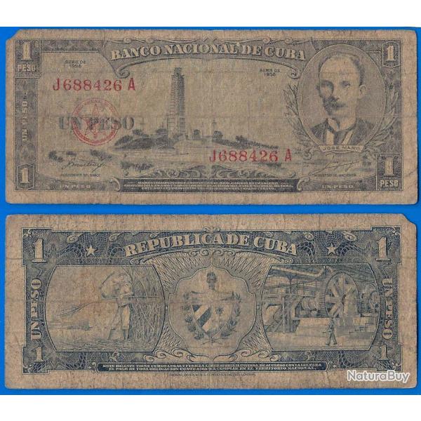 Cuba 1 Peso 1956 Jose Marti Billet Pesos