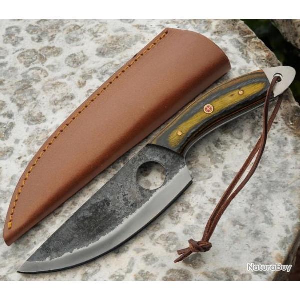 Couteau De Survie Bushcraft Lame Acier Carbone 1055 Brut de Forge Manche Bois Etui Cuir