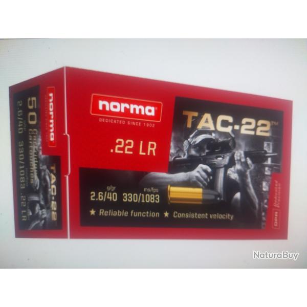Norma 22lr 2.6g/40gr tac-22 lrn plomb 50 munitions