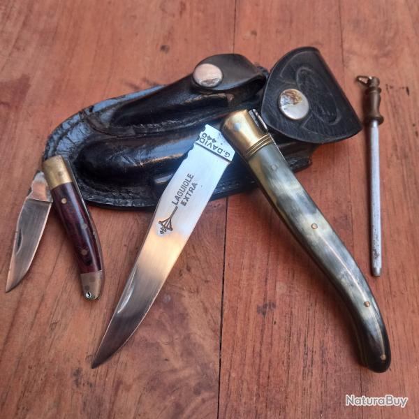 Joli Couteau LAGUIOLE EXTRA G.DAVID Manche en Corne avec �tui en cuir + ptit Laguiole + Aiguiseur