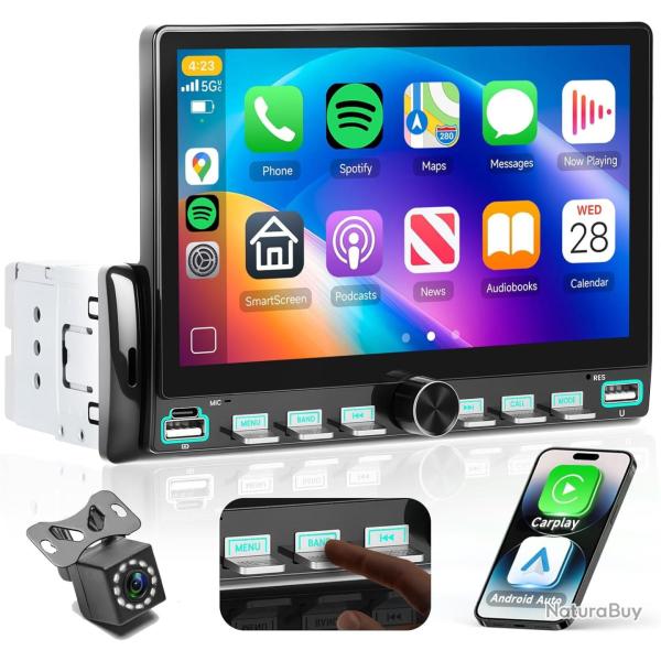 Autoradio 7" 1 Din avec carplay sans Fil Android Auto,Radio FM avec Blurtooth, syst�me de Navigation