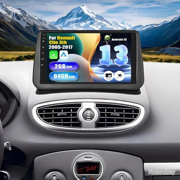 Autoradio Android 13 2G+64Gpour Renault Clio 3th 2005-2017 avec Carplay/Android Auto/Mirrorlink, �cr