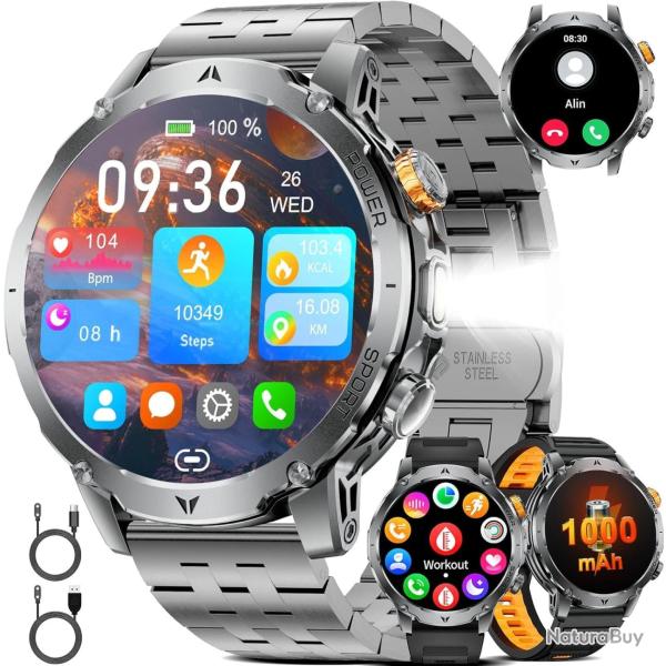 Montre Connect�e Homme 3 Bracelet,1000mAh Longue Autonomie Batterie/1.7'' Grand �cran avec Appels/La