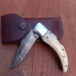 Couteau pliant Damas Manche en OS &Eacute;tui en cuir