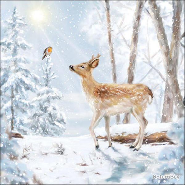 SERVIETTE NEIGE RENCONTRE CERF ET OISEAU - AMBIENTE