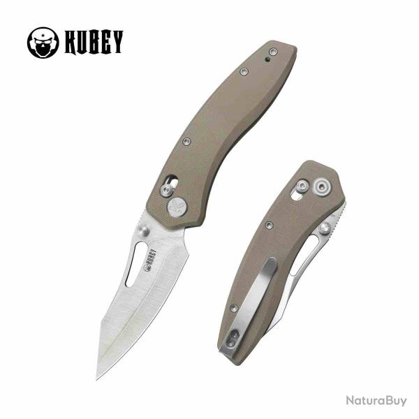 Couteau Kubey Caiman Lame Acier San Mai M2 Satin Manche Khaki G10 Crossbar Lock KUB421D