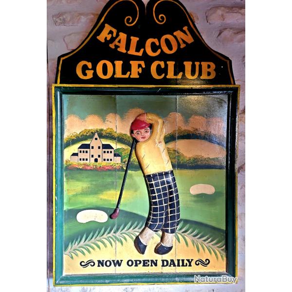 Grande enseigne bois sculpt� vintage �Falcon Golf Club� - d�co Golf, Club-house, Pub Anglais