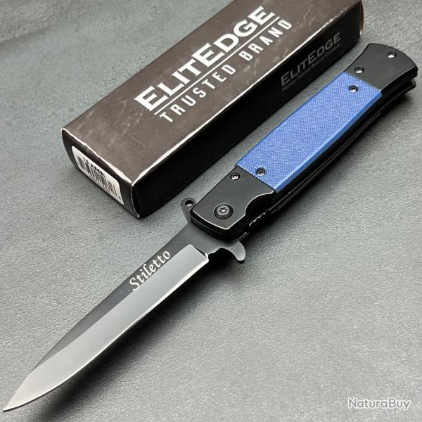 Couteau ElitEdge Semi-Automatique Stiletto Lame Acier 420C Manche Black/Blue G10 Linerlock Clip