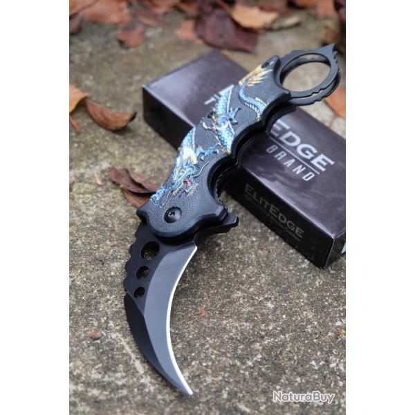 Couteau Elite Edge Dragon Purple Karambit Linerlock A/O Lame Acier Inox Manche Nylon