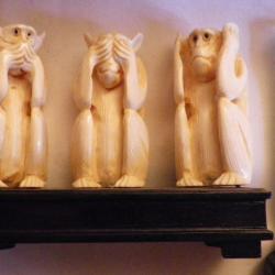 Les Trois  Singes de la Sagesse en os et socle bois finement sculpt&eacute;s ++