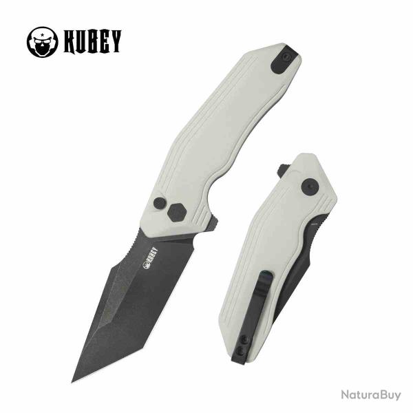 Couteau Kubey Yokai Lame Acier 14C28N Blackwashed Manche Ivory G10 Verrouillage Button Lock KUB392D