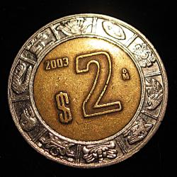 Mexique, piece de 2 $ de 2003 bi metal  ttb