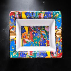 Cendrier vide-poche c&eacute;ramique cubiste multicolore � d&eacute;cor abstrait dor&eacute; style Art D&eacute;co