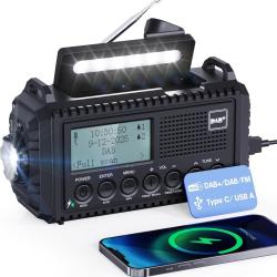 Radio Dab/FM Batterie 5000mAh Manivelle Solaire &Eacute;tanche IPX4 Lampe Torche Liseuse Alarme SOS, R&eacute;veil