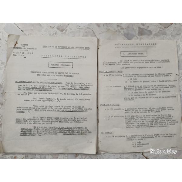 1957 GUERRE ALGERIE : 2 notes Actualit�s militaires & politiques, activit�s amis ennemis FLN, bilans