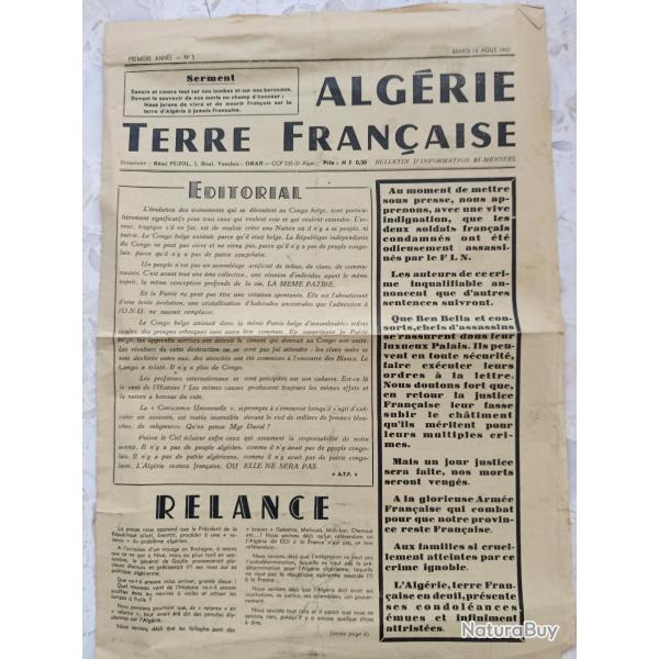 Revue 1960 ALGERIE TERRE FRANCAISE n� 5 Ed. Pujol & Segura Oran, journal du FAF OAS,  attentats FLN