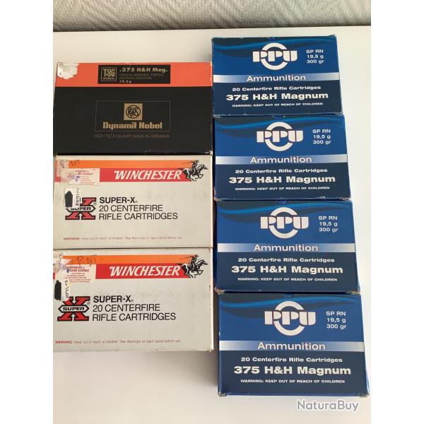 Lot de 7 boites de munitions calibre 375 HH 300 grs